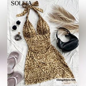 SHEIN Brown Leopard Print Halter Mini Dress